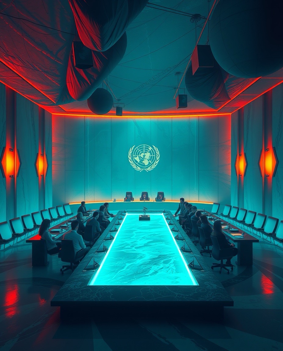 a-digital-painting-depicting-an-international-council-meeting-bathed-in-warm-terracotta-and-cool-teal-bioluminescent-light-showcasing-earthy-and-cool-color-contrasts-vibrant-glow-and-natural-light